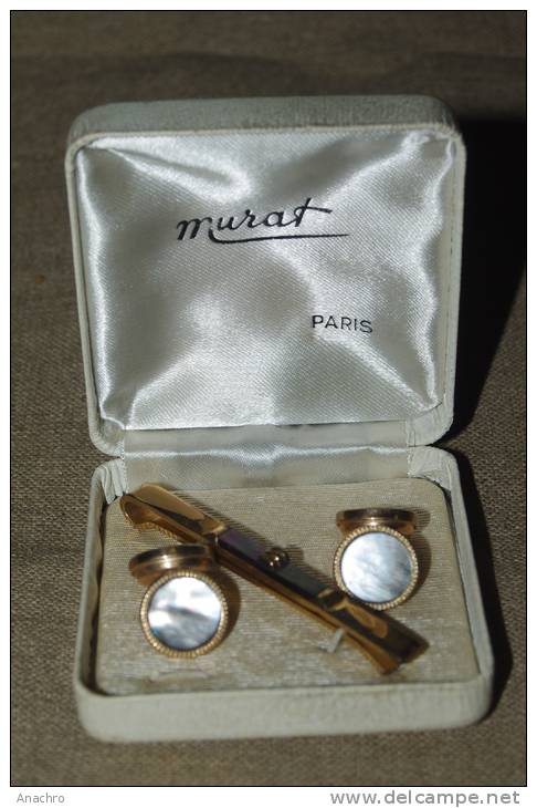 BOUTONS De Manchette MURAT PARIS NACRE Et  EPINGLE à CRAVATE Plaqué OR - Botones De Cuello & De Puño