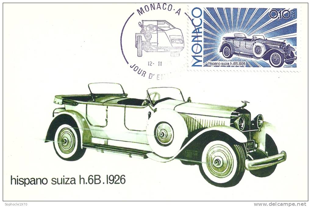 MONACO - Evolution Des Lignes Automobiles 1900-1975 - Hispano Suiza 1926 - Timbre Et Tampon Jour D'émission - Cartes-Maximum (CM)