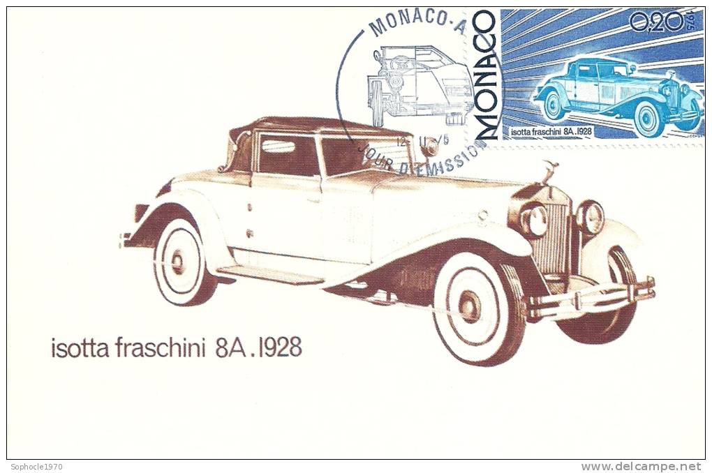 MONACO - Evolution Des Lignes Automobiles 1900-1975 - Isottza Fraschini 1928 - Timbre Et Tampon Jour D'émission - Cartes-Maximum (CM)