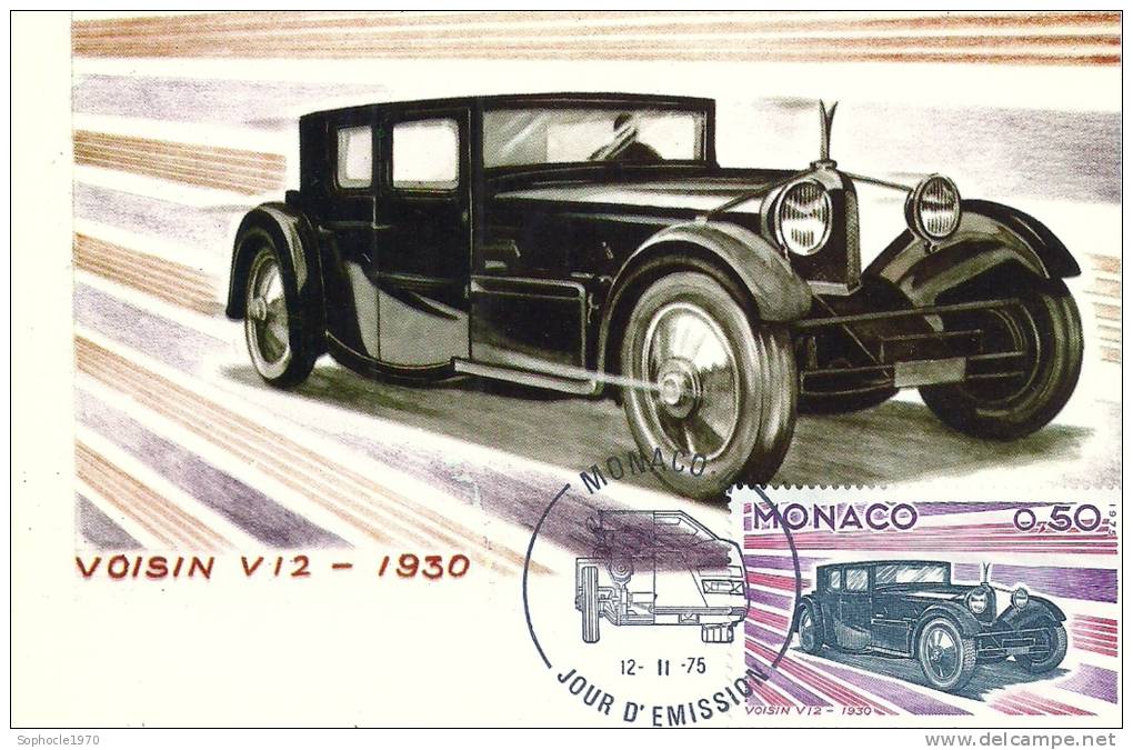 MONACO - Evolution Des Lignes Automobiles 1900-1975 - VOISIN 1930 - Timbre Et Tampon Jour D'émission - Maximum Cards