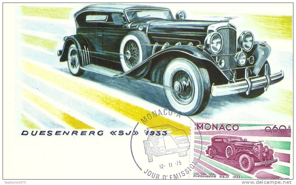 MONACO - Evolution Des Lignes Automobiles 1900-1975 - DUESENRERG 1933 - Timbre Et Tampon Jour D'émission - Cartes-Maximum (CM)