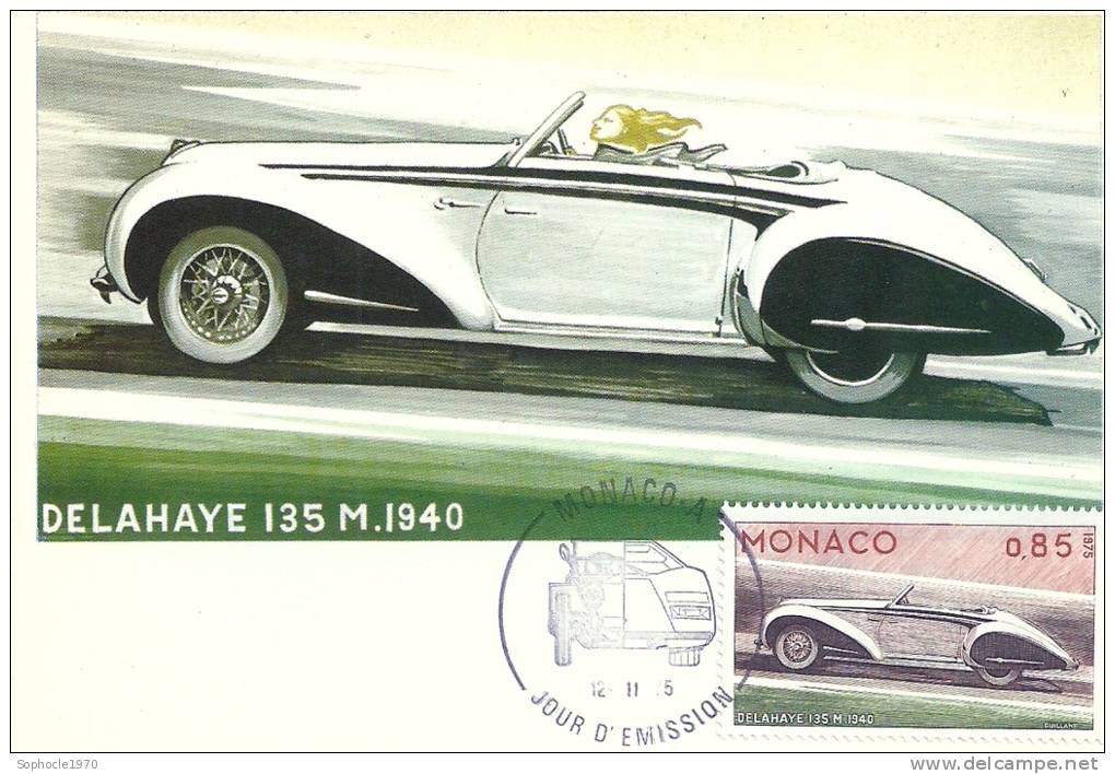 MONACO - Evolution Des Lignes Automobiles 1900-1975 - DELAHAYE 1940 - Timbre Et Tampon Jour D'émission - Cartes-Maximum (CM)