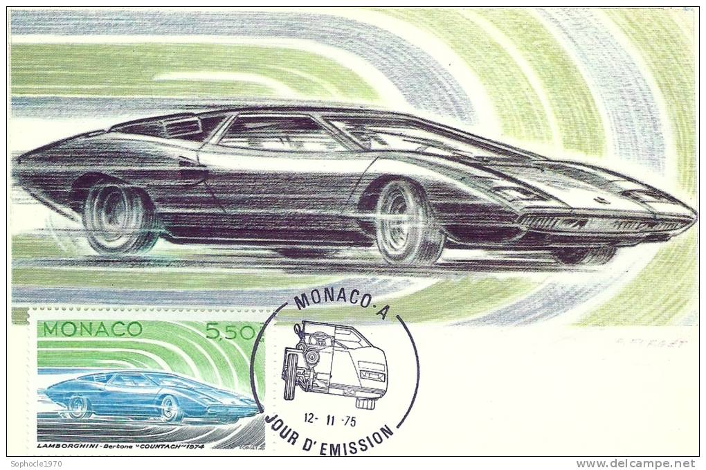 MONACO - Evolution Des Lignes Automobiles 1900-1975 - LAMBORGINI 1974 - Timbre Et Tampon Jour D'émission - Cartes-Maximum (CM)