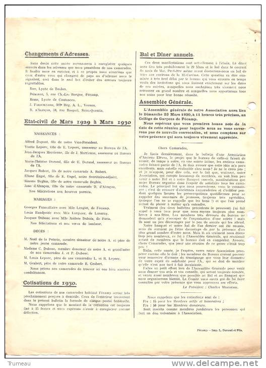 FECAMP-BULLETIN DE L´ASSOCIATION DES ANCIENS ELEVES DU PETIT LYCEE ET DU COLLEGE DE GARCON DE FECAMP-FEVRIER 1930 - Diplome Und Schulzeugnisse