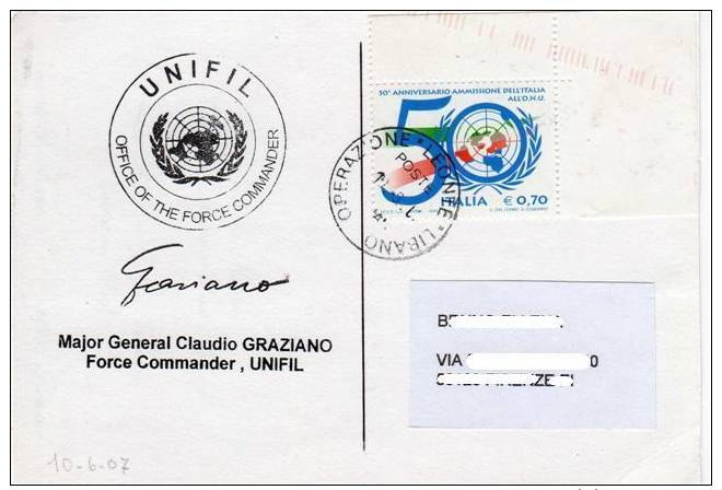 A204 - MISSIONI MILITARI DI PACE - ONU MISSIONS - UNITED NATIONS - LIBANO OPERAZIONE LEONTE - UNIFIL GEN. GRAZIANO - 2001-10: Storia Postale