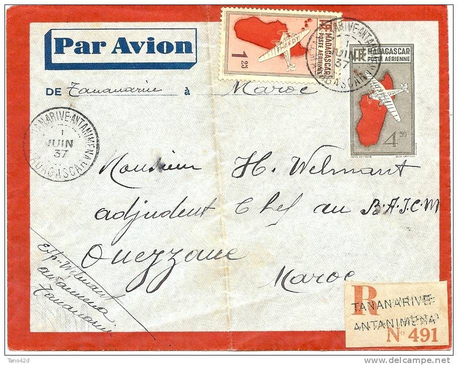 LACMN - MADAGASCAR EP ENVELOPPE AVION 4f50+ COMPL.T VOYAGEE EN RECOMMANDEE JUIN 1937 - Lettres & Documents