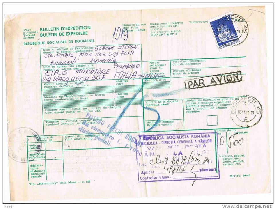 985- Storia Postale  6.12.80  Bollettino Di Spedizione PAR AVION Palermo/Romania  Affr. Posta Romana + Pacchi X £. 800 - Oblitérés