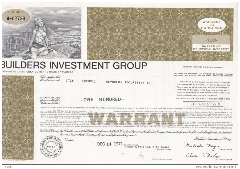 Bonds/Shares: 1971 Builders Investment Group, Value 100 Shares (A 388) - Other & Unclassified