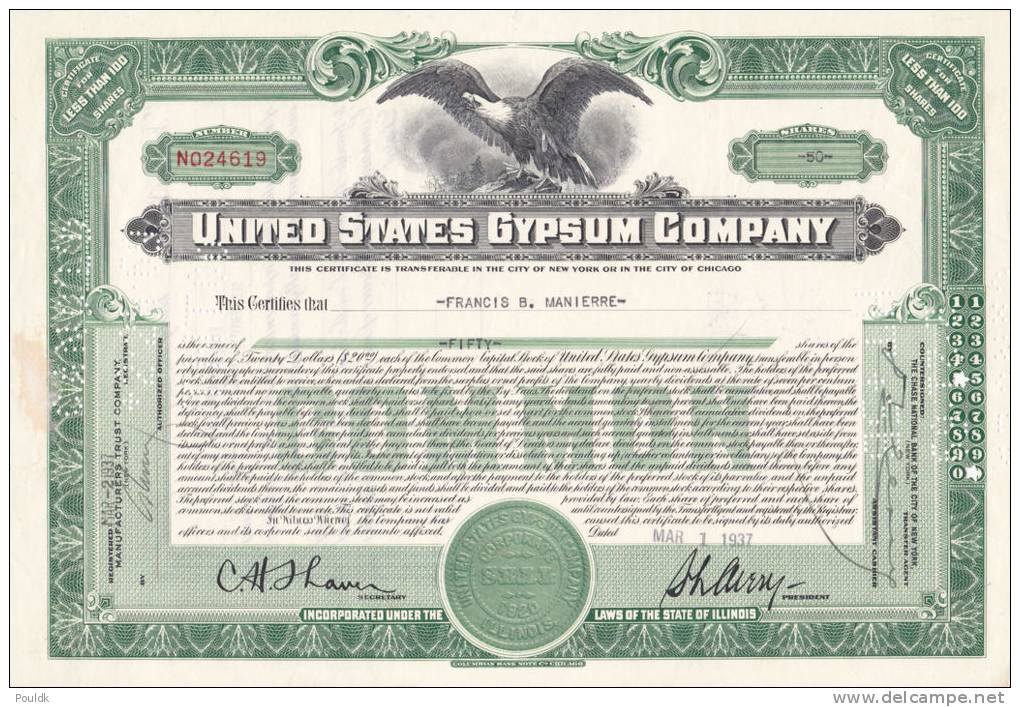 Bonds/Shares: 1937 United States Gypsum Company, Value 50 Shares (A 388) - Industrie