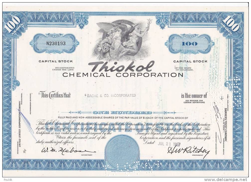 Bonds/Shares: 1967 Thiokol Chemical Corporation, Value 100 Shares (A 388) - Industrie