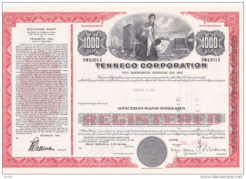 Bonds/Shares: 1969 Tenneco Corporation, Value 1000$ 6 1/4% (A 388) - Electricité & Gaz