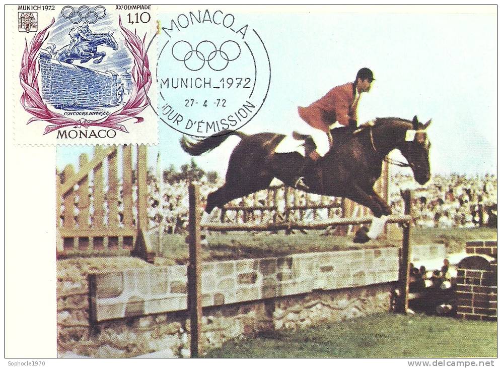 MONACO - Olympiade De MUNICH 1972 - Saut D'obstacle -Timbre Et Tampon Jour D'émission - Maximum Cards