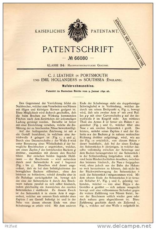 Original Patentschrift - C. Leather Und E. Hollanders In Southsea , 1892 , Machine For Breaking Nuts , Nut , Cores !!! - Tools