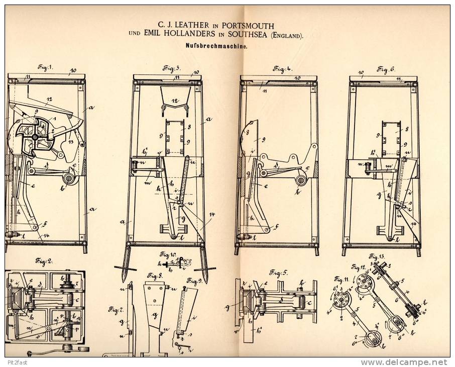 Original Patentschrift - C. Leather Und E. Hollanders In Southsea , 1892 , Machine For Breaking Nuts , Nut , Cores !!! - Tools