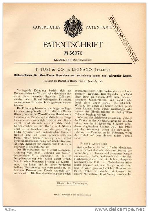 Original Patentschrift - F. Tosi & Co In Legnano / Legnan , 1891 , Motore A Vaporo , Kolbenschieber Für Dampfmaschine !! - Macchine