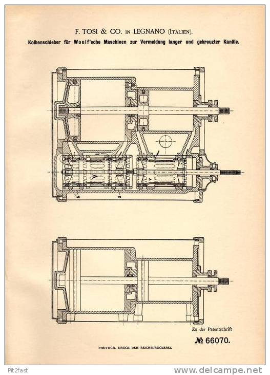 Original Patentschrift - F. Tosi & Co In Legnano / Legnan , 1891 , Motore A Vaporo , Kolbenschieber Für Dampfmaschine !! - Macchine