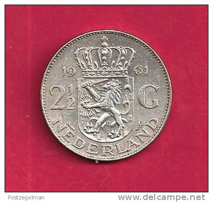 NEDERLAND 1961,  Circulated Coin, XF, 2 1/2  Gulden 0.720 Silver Juliana Km185 C90.087 - Monedas En Oro Y Plata