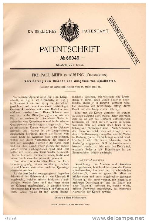 Original Patentschrift - F. Meier In Aibling , 1892, Spielkarten - Mischapparat , Ausgeber , Karten , Skat , Kartenspiel - Toy Memorabilia
