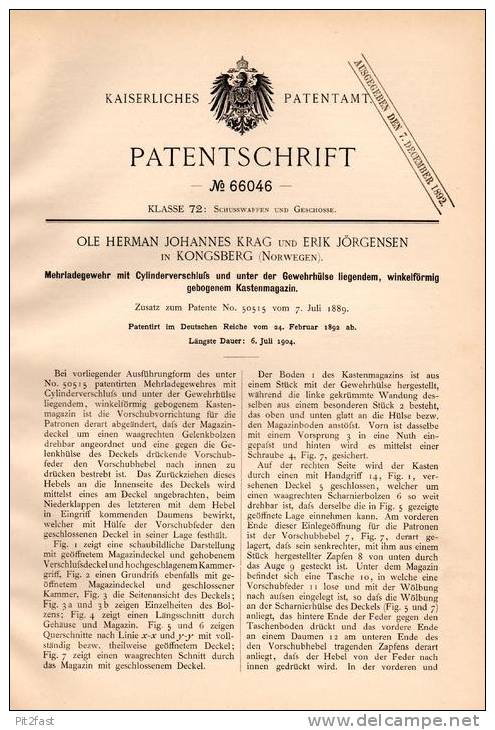 Original Patentschrift - O. Krag Und E. Jörgensen In Kongsberg , 1892 , Gewehr , Rifle , Waffe , Jagd , Hunting !!! - Ausrüstung