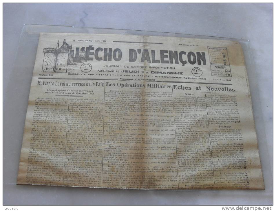 Journal L´Echo D´Alençon  Jeudi 10 Septembre  1942 - Francese