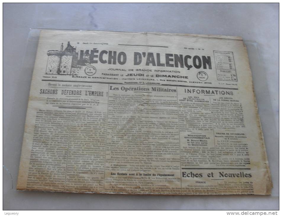 Journal L´Echo D´Alençon  Jeudi 1 Octobre  1942 - Francese