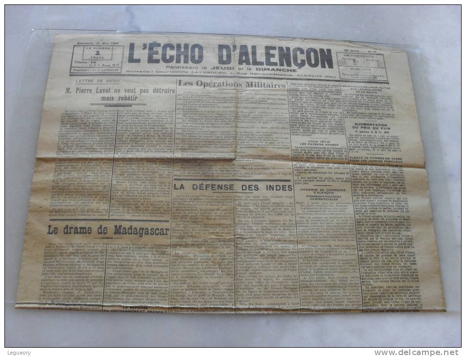 Journal L´Echo D´Alençon  Dimanche 10 Mai 1942 - Francese