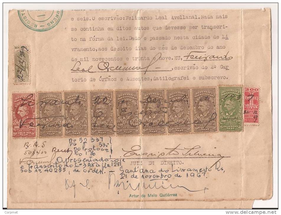 BRAZIL - 1939  REVENUE STAMPS - Profuse Franking (11 Revenue Stamps - With Strip Of 7) On TESTAMENT DOCUMENT ( - Strafport