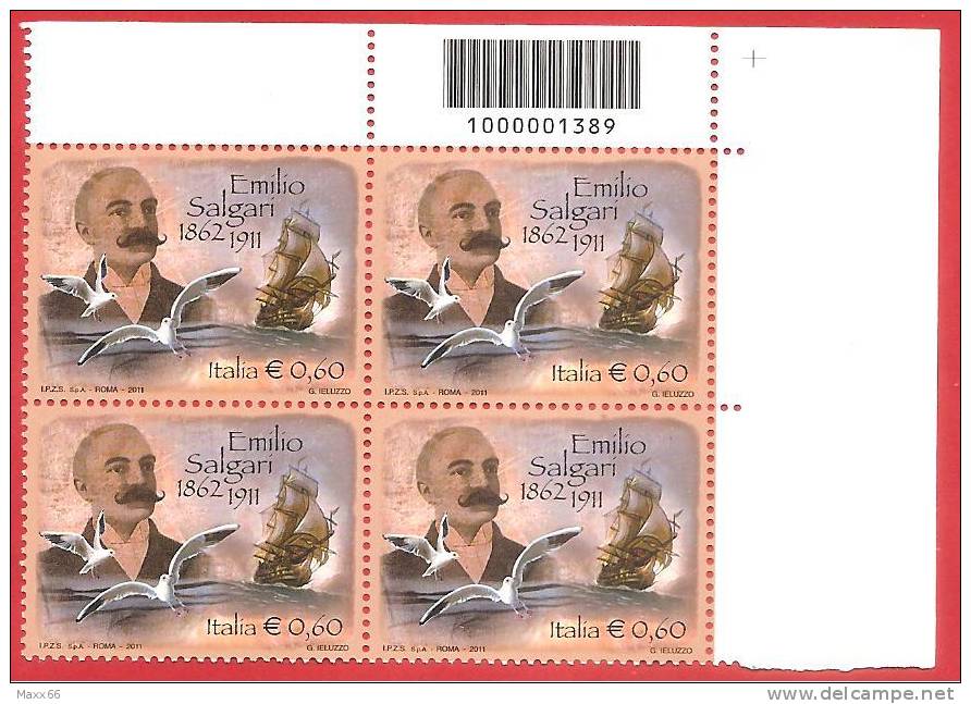 ITALIA REPUBBLICA QUARTINA BARRE - 2011 - Centenario Della Morte Di Emilio Salgari - € 0,60 - S. 3231 - Codici A Barre