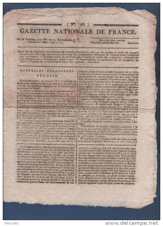 GAZETTE NATIONALE DE FRANCE 6 03 1796 - TURQUIE - ESPAGNE - RENNES - BRUXELLES - AGIOTAGE MONNAIE - 64 BASSES PYRENEES - - Zeitungen - Vor 1800