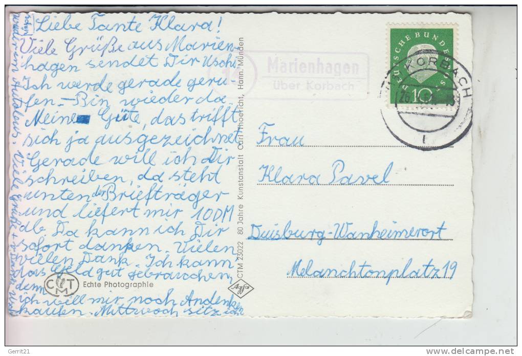 3546 VÖHL - MARIENHAGEN, Landpoost-Stempel "Marienhagen über Korbach" 1961 - Korbach