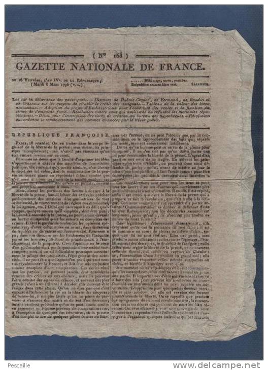 GAZETTE NATIONALE DE FRANCE 8 03 1796 - LIBERTE DE LA PRESSE - ASSIGNATS - FINANCES - EMPRUNT FORCE - - Zeitungen - Vor 1800