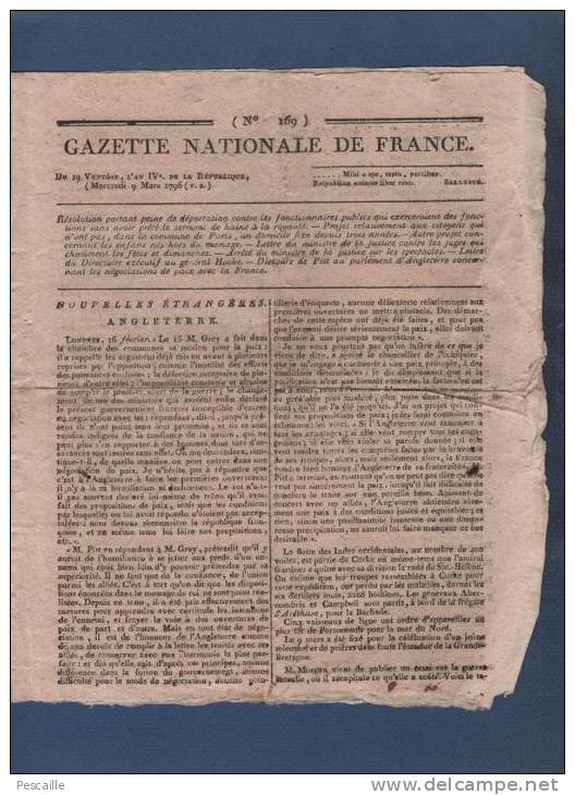 GAZETTE NATIONALE DE FRANCE 9 03 1796 - LONDRES GREY PITT - ANGERS CHOUANS - HOCHE - HAUT RHIN - CHANTS PATRIOTIQUES ... - Kranten Voor 1800