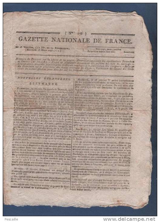 GAZETTE NATIONALE DE FRANCE 16 03 1796 - HAMBOURG - MANHEIM - BAS RHIN - PORTSMOUTH - ANGERS VIRE CHOUANS - VILLEDIEU - - Kranten Voor 1800