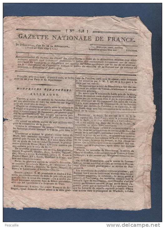 GAZETTE NATIONALE DE FRANCE 23 03 1797 - VIENNE - FRANCFORT - COBLENTZ - COLOGNE - SUISSE BÂLE - TYROL - GUYANE CAYENNE - Kranten Voor 1800