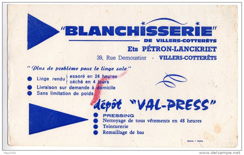 958B) D02 -VILLERS COTTERETS - BUVARD - BLANCHISSERIE - Textile & Clothing