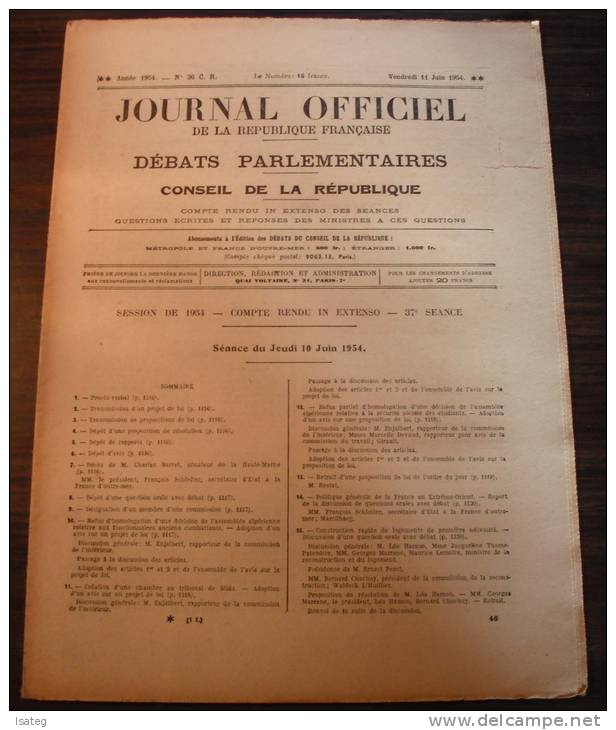 Journal Officiel De La République Française N°36 / 1954 - Sonstige & Ohne Zuordnung