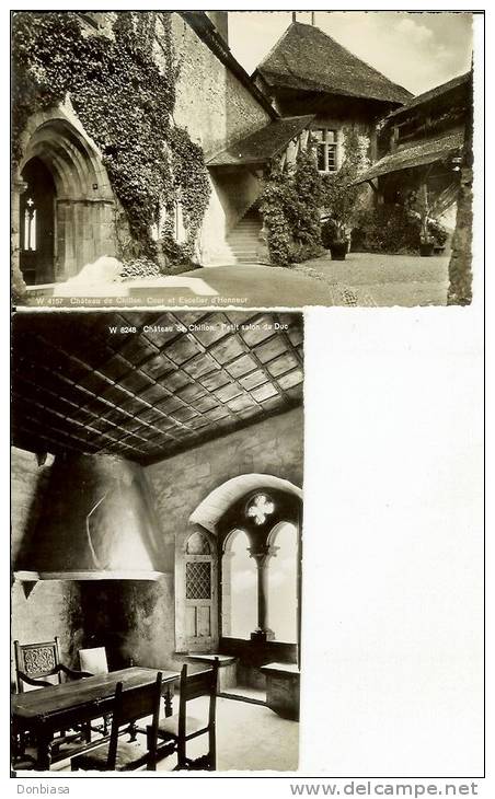 Chateau De Chillon (Montreux - Veytaux): Lot 2 Postcards 9x14 Travelled To Italy On 1958 (Cour Et Escelier D'Honneur...) - Veytaux