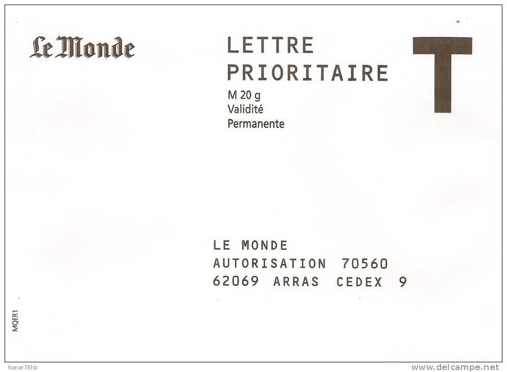 Enveloppe T Pour Le Journal Le Monde - Cartes/Enveloppes Réponse T