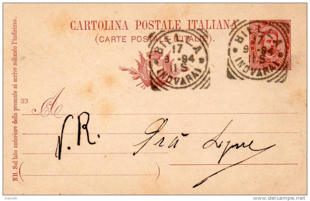 1894  CARTOLINA CON ANNULLO BIELLA NOVARA - Interi Postali