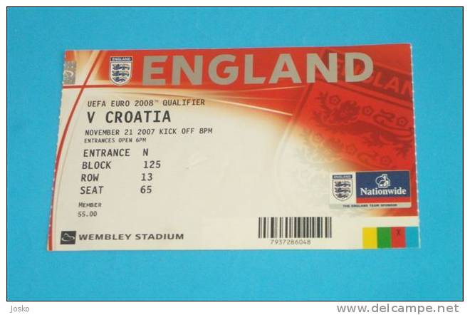 ENGLAND : CROATIA - UEFA EURO 2008. Qualifying Football Match * Ticket Billet Soccer Fussball Futbol Futebol Foot Calcio - Match Tickets