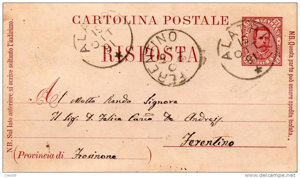 1891 CARTOLINA CON ANNULLO ALATRI + FERENTINO FROSINONE - Interi Postali