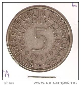 MONEDA DE PLATA DE ALEMANIA DE 5 MARK DEL AÑO 1951 LETRA G  (COIN) SILVER,ARGENT. - 5 Marcos