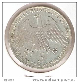 MONEDA DE PLATA DE ALEMANIA DE 5 MARK DEL AÑO 1968 LETRA J  (COIN) SILVER,ARGENT. - 5 Marcos