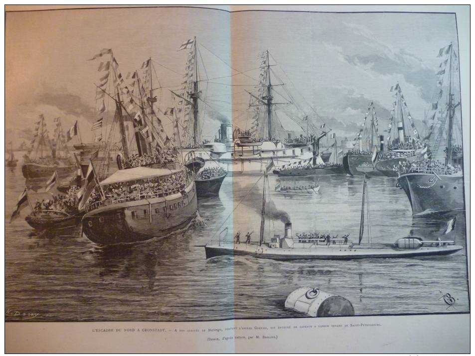 L'escadre Du Nord A Cronstadt , A Son Arrivée Le Marengo, Gravure Dochy Dessin Broling 1891 - Historische Dokumente