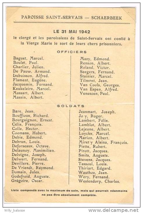 "Schaerbeek - Paroisse Saint Servais - Liste Prisonniers - Verso : Cantique" - Andere & Zonder Classificatie