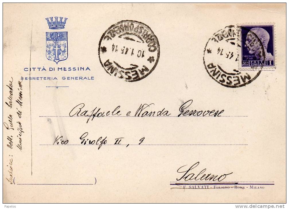 1945 CARTOLINA CON ANNULLO MESSINA - Marcophilia