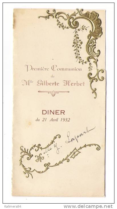 MENU  DE  1ère COMMUNION ,  DÎNER  Du  21  AVRIL  1932  ( Bonne Cuisine ) - Menus