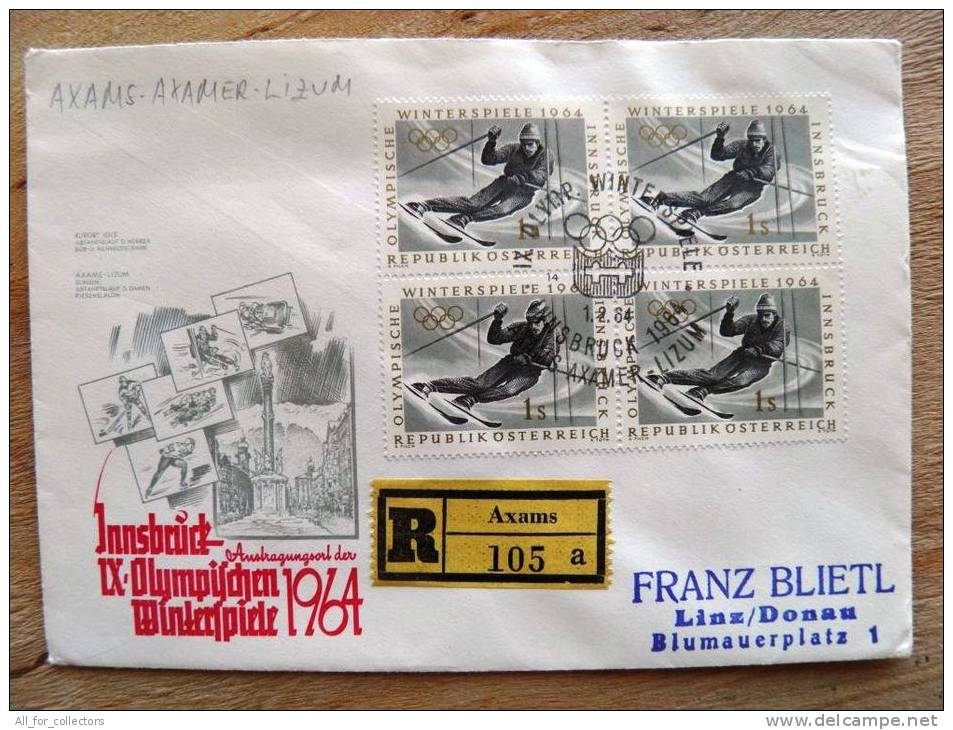 Cover Sent In Austria Osterreich, Registered Axams Lizum Innsbruck Olympic Games Ersttag Sport Slalom - Covers & Documents