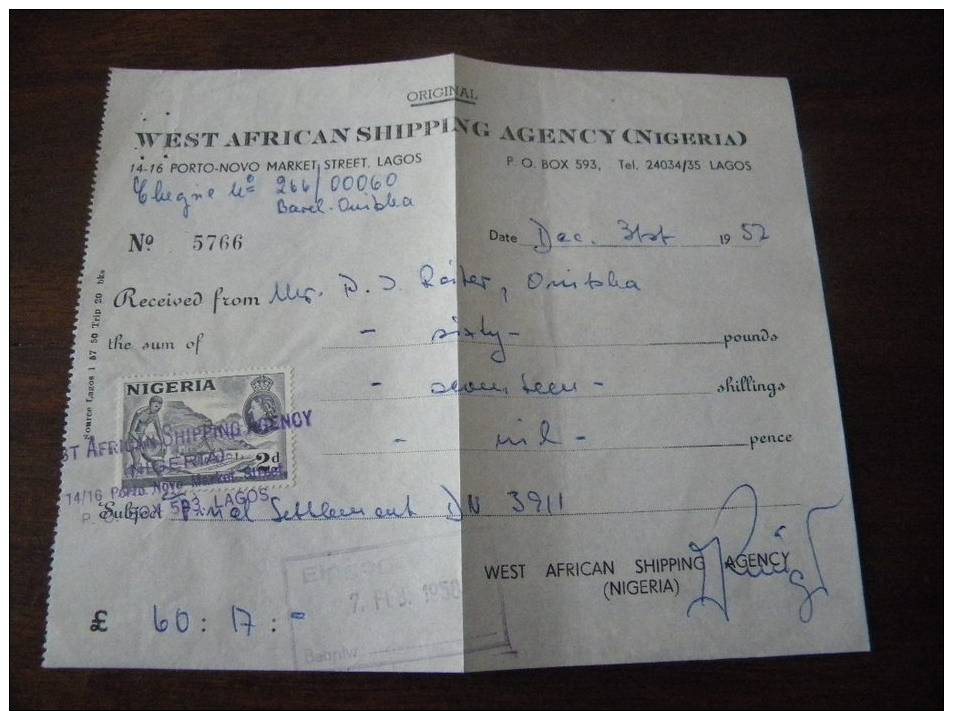 RECU DOCUMENT TIMBRE NIGERIA 1958 WEST AFRICAN SHIPPING AGENCY LAGOS ORIGINAL 60 POUNDS - Nigeria (1961-...)