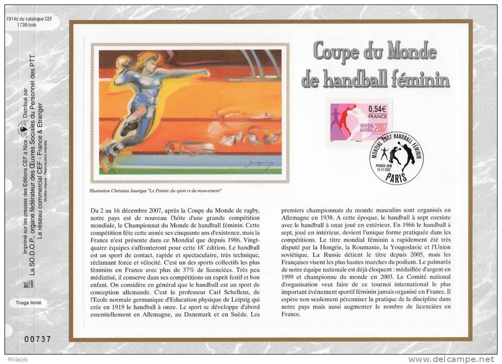 CEF 1er Jour En Soie De 2007 N° 1914s " COUPE DU MONDE DE HANDBALL FEMININ " N° YT 4118 + Prix Dégressif. - Handball